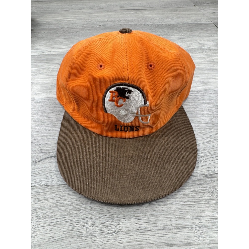 Vintage BC Lions Hat Cap Adjustable Mens Orange Brown Corduroy Embroidered